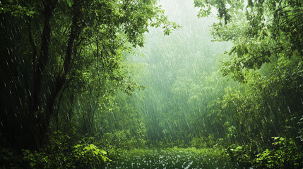Obraz premium A lush green forest during a gentle rain shower