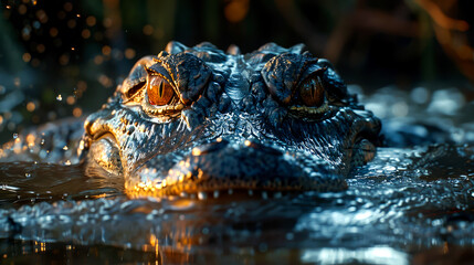 Obraz premium Close-up of a Crocodile's Face with Golden Eyes Emerging from Water