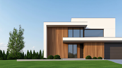 Modern house design featuring sleek architecture and wood accents against a clear blue sky and green landscape.