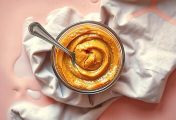 A close-up image of a swirled pumpkin butter or pumpkin spread in a bowl, with a spoon and a gray cloth visible in the background