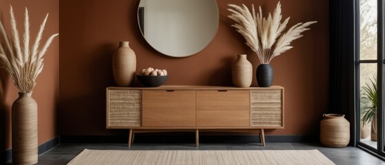 Stylish contemporary interior featuring a minimalist wooden sideboard with decorative vases and pampas grass. Warm, earthy tones create a modern and elegant aesthetic in a serene living space.