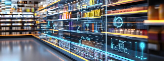 Futuristic Digital Interface with Holographic Dashboard and Data Visualization