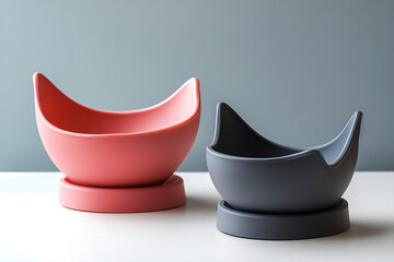  Two cat bowl with a high back and small base made of plastic material with gray background on white table