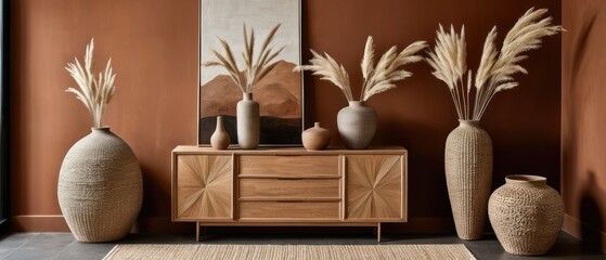 Stylish contemporary interior featuring a minimalist wooden sideboard with decorative vases and pampas grass. Warm, earthy tones create a modern and elegant aesthetic in a serene living space.