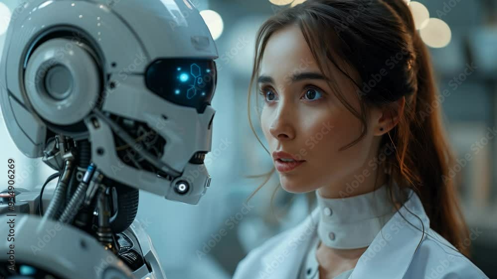 Poster woman in lab coat staring intently at futuristic robot with glowing blue eyes in a high-tech lab. co