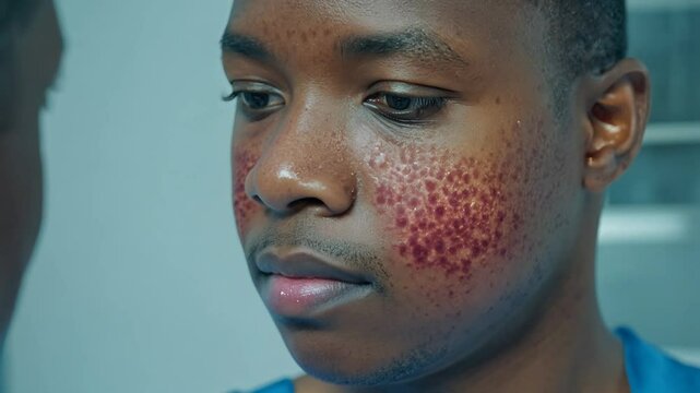 Patient with visible monkeypox lesions on his face.