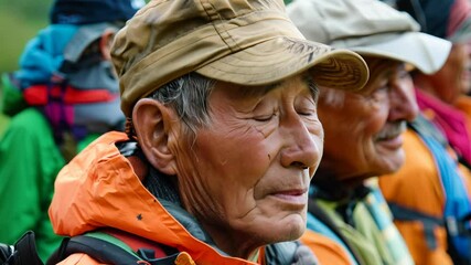 Thoughtful elderly man in an outdoor setting with companions in the background. Concepts of aging, companionship, and outdoor experiences.