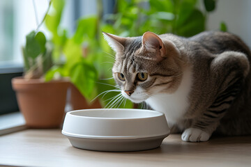 A curious cat exploring a white bowl near lush greenery on a bright windowsill, capturing the essence of pet companionship and home decor