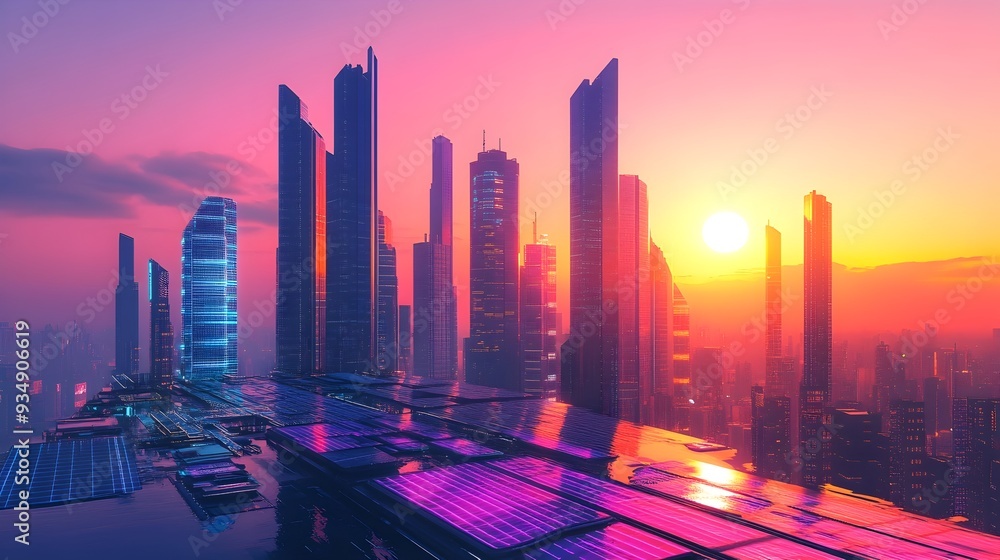 Poster futuristic solar-powered city with towering skyscrapers and advanced transportation systems. sleek a