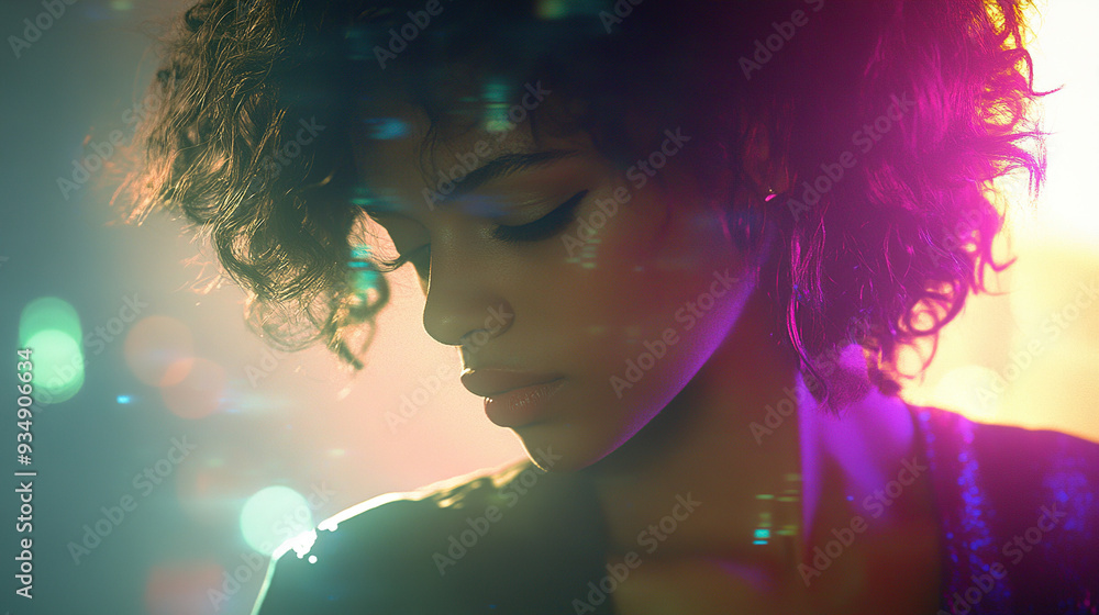 Wall mural Double Exposure of Digital Identity Featuring a Young African American Woman with Curly Hair, Analyzing Data and Code in a Cyberpunk-Inspired Dark Space. Neon Lights and Bokeh Effect Enhance the Futur