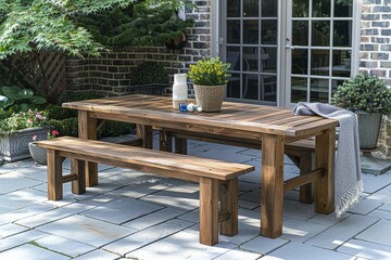 Fototapeta premium Eucalyptus Solid Wood Outdoor Dining Set with Bench and Slat Top Table