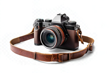 Vintage film camera with leather strap isolated on white background.