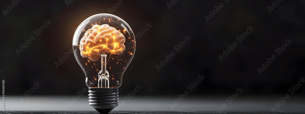 Poster glowing brain illuminating from inside a light bulb - conceptual image representing the idea of inno