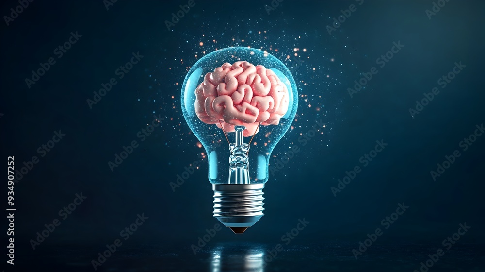 Poster glowing brain inside illuminated light bulb symbolizes innovative thinking,creative problem solving,