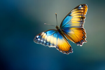 very beautiful blue yellow orange butterfly in flight isolated on a gray background