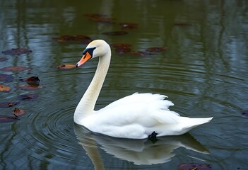 Obraz premium A white swan swimming in a pond with a green and brown background