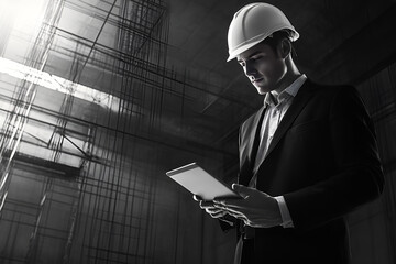 successful Construction Project - Confident Technician with Digital Tablet in a Construction Site. Modern Tools and Job Satisfaction