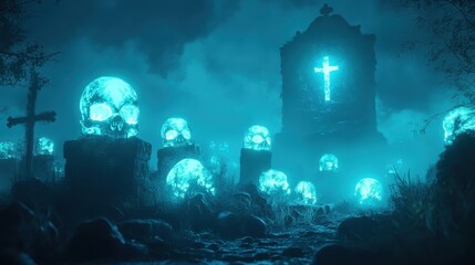 Naklejka premium A graveyard with a cross and skulls
