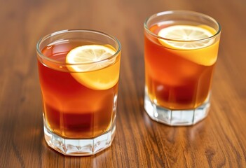 Two glasses of amber-colored liquid with lemon slices, on a wooden surface