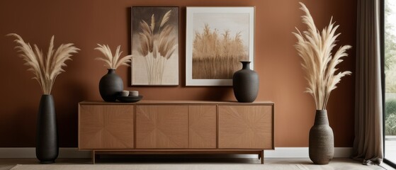 Stylish contemporary interior featuring a minimalist wooden sideboard with decorative vases and pampas grass. Warm, earthy tones create a modern and elegant aesthetic in a serene living space.