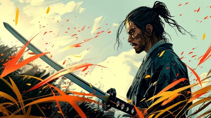 A Samurai Warrior Holding a Sword in a Field