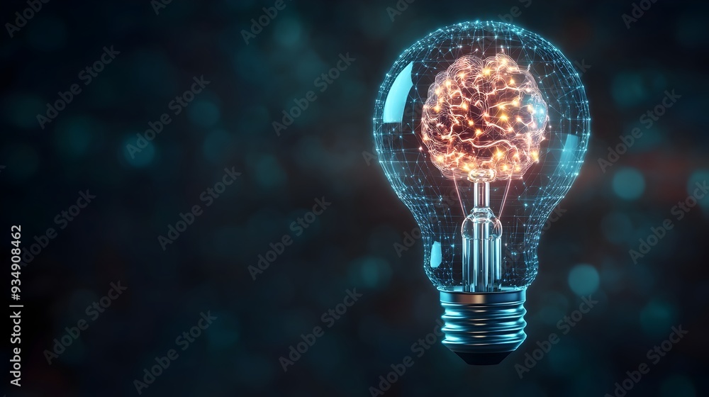 Poster glowing digital lightbulb with a neural network brain,symbolizing technological intelligence,and the