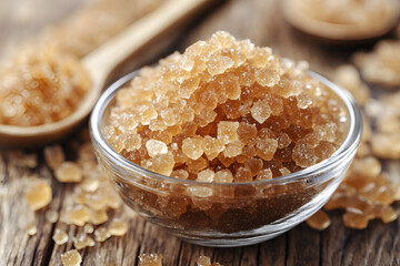 coarse crystals of brown sugar in the bowl on tha wooden table
