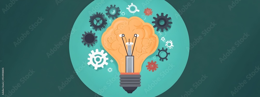 Poster glowing light bulb surrounded by gears and cogs,representing the interconnected process of innovatio