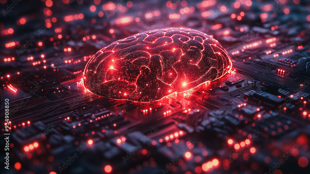 Poster a brain is lit up in red on a computer chip. the brain is surrounded by a network of wires and circu