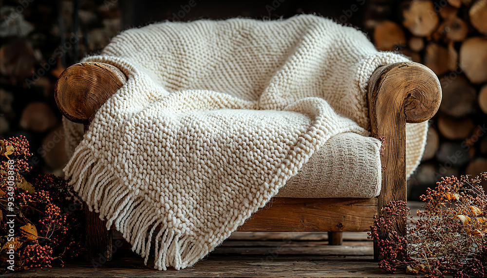 Poster cozy wool pattern on rustic table in autumn generated by ai