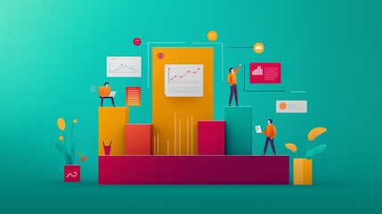 Naklejka premium Modern business illustration featuring charts, graphs, and people analyzing data on colorful blocks. Ideal for tech and finance concepts.