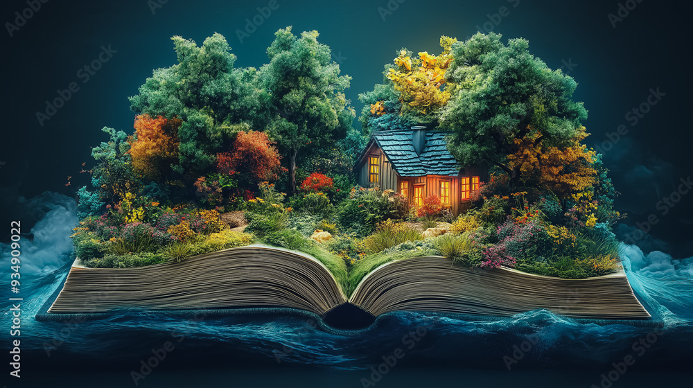 Poster a book is open to a page with a house and trees