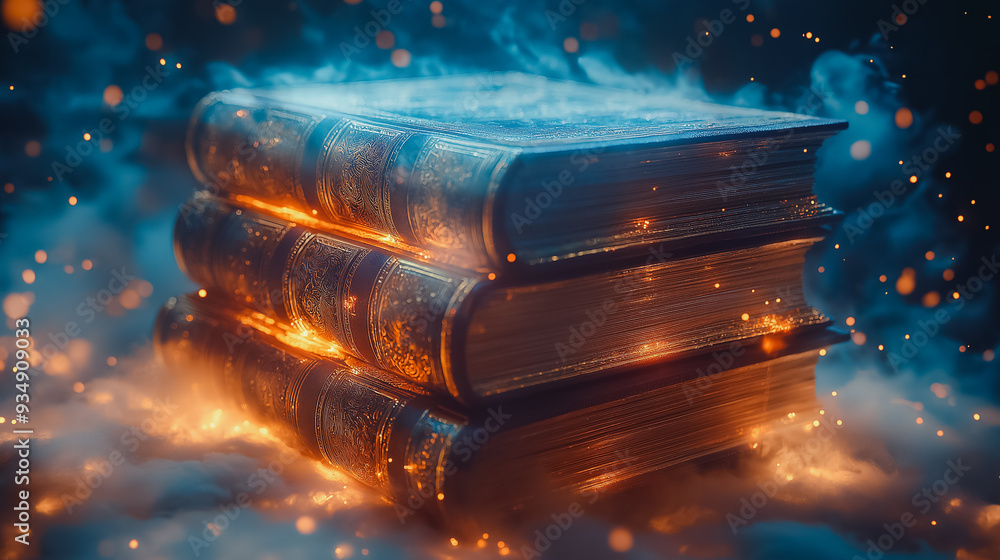 Poster three books are stacked on top of each other with a fire burning in between them. the fire is surrou