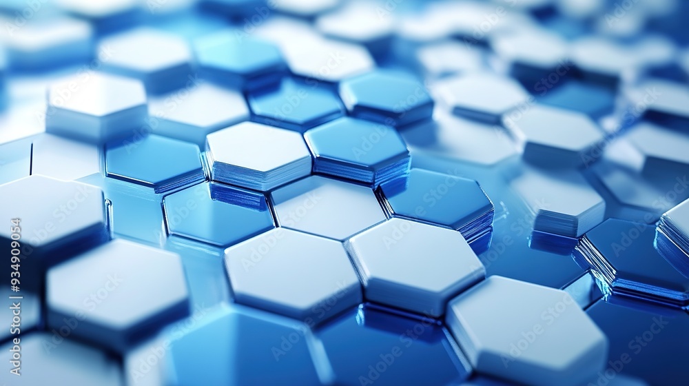 Poster hexagonal harmony: a symphony of blue and white hexagons interlock in perfect harmony, creating a ca