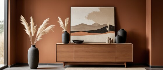 Stylish contemporary interior featuring a minimalist wooden sideboard with decorative vases and pampas grass. Warm, earthy tones create a modern and elegant aesthetic in a serene living space.