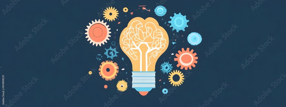 Poster glowing lightbulb surrounded by colorful concept icons representing and innovation. idea,brainstorm,