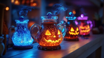 A row of four colorful glass tea pots with Halloween faces on them