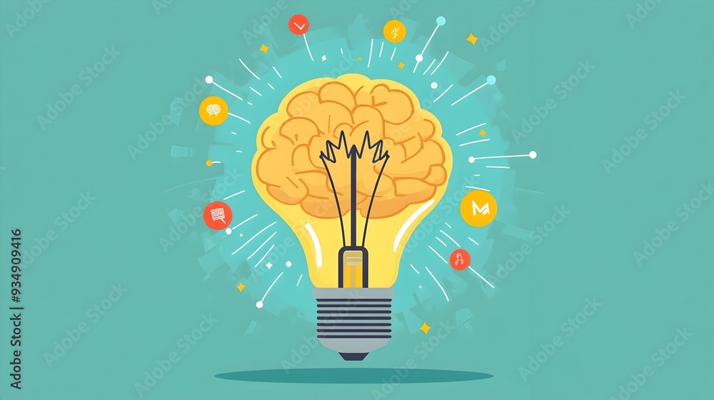 Poster glowing yellow brain lightbulb representing innovative idea and creative thinking process