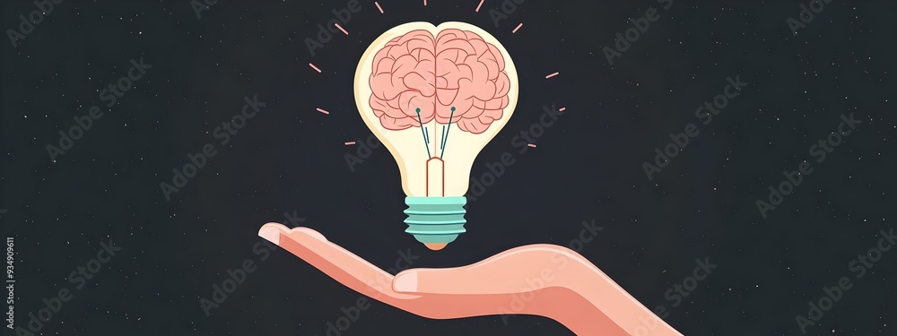 Poster hand holding illuminated brain concept symbolizing problem-solving skills. idea thinking,and intelle