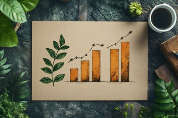 Handcrafted bar chart showcasing quarterly business performance data on a rustic kraft paper background with earthy botanical elements and a cozy home office workspace feel