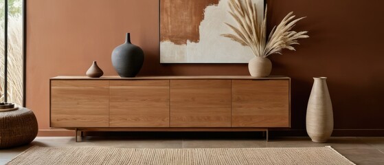 Stylish contemporary interior featuring a minimalist wooden sideboard with decorative vases and pampas grass. Warm, earthy tones create a modern and elegant aesthetic in a serene living space.