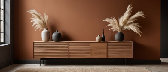 Stylish contemporary interior featuring a minimalist wooden sideboard with decorative vases and pampas grass. Warm, earthy tones create a modern and elegant aesthetic in a serene living space.