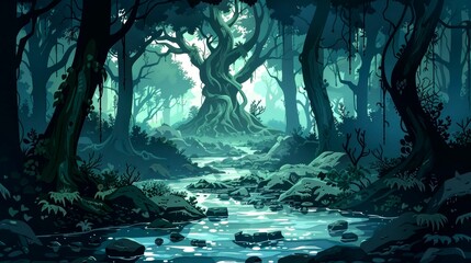 A Stream Winding Through a Dark and Lush Forest