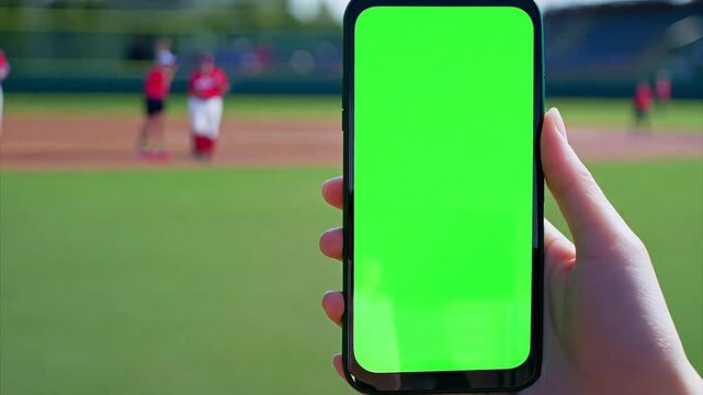 Pushing towards hand holding smartphone with a background of a kids baseball game. Phone screen is a chroma key green screen.