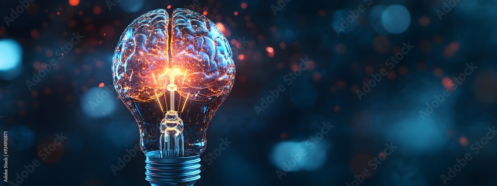 Poster illuminating brain-powered innovation - an 3d render depicting a glowing lightbulb powered by an int