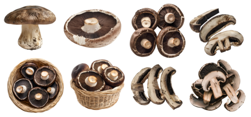 Portobello Agaricus bispor mushrooms fungus fungi vegetable, many angles and view side top front basket slice isolated on transparent background cutout, PNG file. Mockup template for artwork design