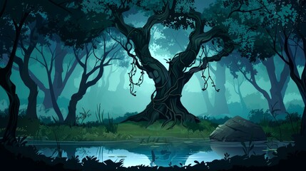Ancient Tree by a Still Pond in a Tranquil Forest