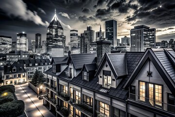 dramatic black white contrast modern dormer cityscape urban sleek architecture moody nighttime city lights cosmopolitan edgy