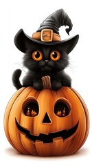 A cute black cat wearing a witch hat sits atop a carved pumpkin, perfect for Halloween-themed decorations and illustrations.