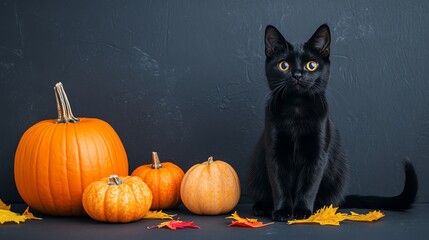 A charming black cat sits beside bright pumpkins, embodying autumn vibes and festive season spirit with colorful leaves.